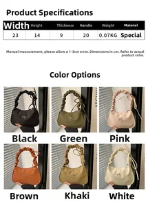 Detailed size guide and color selection for lightweight pleated crescent shoulder bag