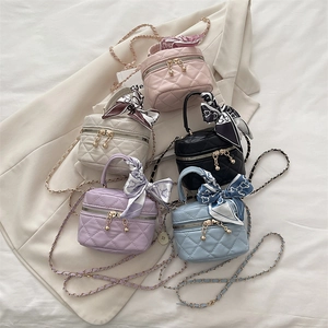 Mini Quilted Crossbody Bag For Women Girls Rhombus PU Leather Handbag With Satin Scarf Metal Chain Strap
