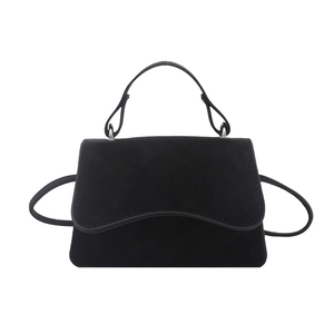 Retro black faux suede crossbody bag with large capacity and curved top handle design