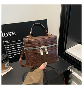 Detail of brown crocodile pattern mini box bag with gold zippers and top handle