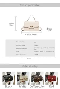 Guide des tailles montrant les dimensions 23x15x7cm du sac tissé chic