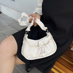 Women Ruched Crossbody Bag PU Leather Mini Underarm Handbag With Artificial Pearl Flower Chain Decoration Trendy Chic Style