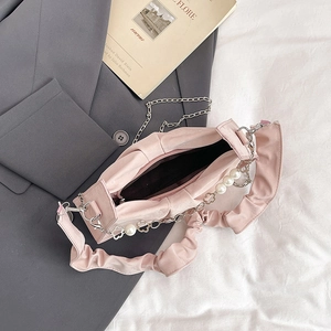 Pink pleated satin handbag with elegant pearl and silver flower chain shoulder strap