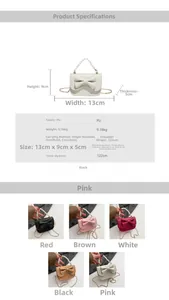 Size chart and color selection for mini bow bag with pearl handle and PU leather detail