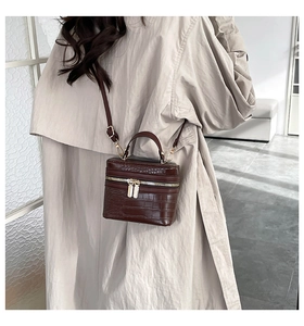 Detail of dark brown crocodile pattern vanity bag with golden zipper on trench coat