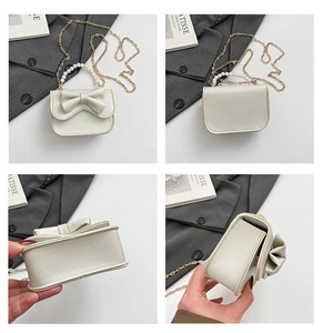 Detail views of small white bow handbag with pearl handle and gold chain strap from 4 angles