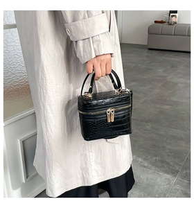 Detail of black crocodile-embossed leather handbag with gold zipper and top handle