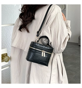 Detailed view of black crocodile pattern PU leather box bag on beige coat