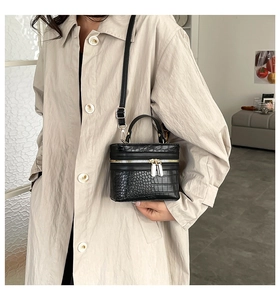 Detail of black crocodile pattern box bag with golden double zippers and crossbody strap