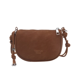 Brown half-moon PU leather crossbody bag with lychee texture and knot shoulder strap