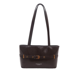 Minimalist dark brown leather tote bag with gold buckle and stylish shoulder straps