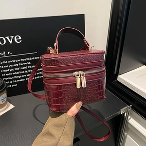 Women Crocodile Pattern Box Bag PU Leather Top Handle Crossbody Double Zipper Fashion Trendy Solid Color Vanity Case