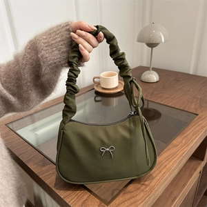 Women Minimalist Nylon Underarm Bag Ruched Handle Shoulder Bag With Silver Bow Chic Half Moon Hobo Purse For Daily Commuting