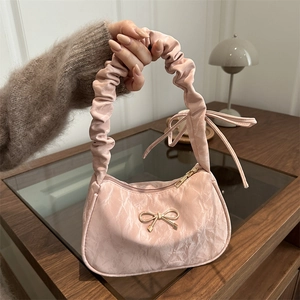 Women Trendy PU Leather Ruched Shoulder Bag With Golden Bow Decor Minimalist Underarm Cloud Bag For Daily Fashion Retro Style
