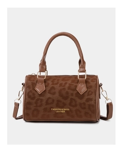 Detail view of leopard print Boston bag with gold FASHION & BAGS LEATHER hardware