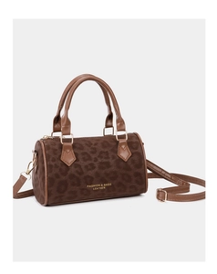 Detail of leopard print faux fur texture on a brown Boston bag with gold hardware