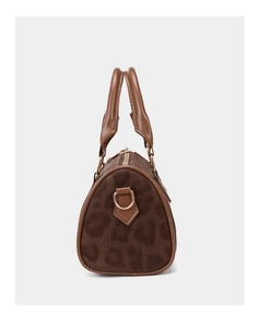 Detail of leopard print Boston bag showing brown leather handles and gold metal D-ring