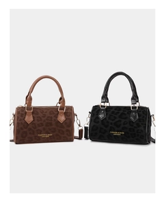 Dual leopard print Boston bags in brown and black faux suede with leather handles