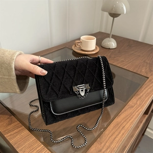 Women Velvet Crossbody Bag Quilted Rhombus Pattern Metal Chain Lock Closure Small Square Shoulder Bag Trendy Fashion