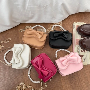 Fashion Bow Knot Mini Shoulder Bag With Artificial Pearl Handle Gold Chain Strap Sweet PU Leather Crossbody Small Square Bag Women