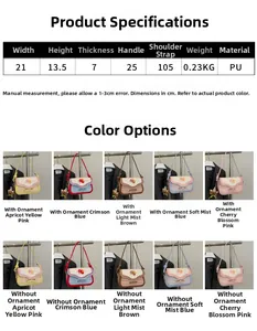 Size chart showing various colors of this cartoon PU leather handbag with dimensions