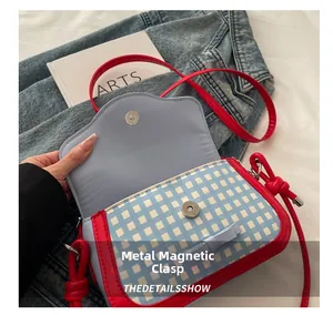 Detail of blue checkerboard handbag featuring a red trim and silver magnetic snap closure