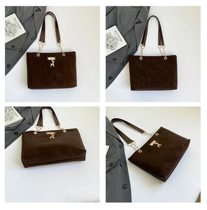 Detailed four-angle view of large brown suede tote bag with golden deer charm