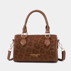 Women Leopard Print Boston Shoulder Bag Suede Crossbody Barrel Bag Fashion Vintage Korean Style Handbag Commuter Travel Bag
