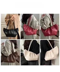 Collage of model wearing soft PU leather tote bag in black, red, coffee, and beige colors