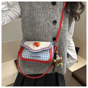 Pink apple design crossbody bag with blue plaid patterns and cute brown bear pendant