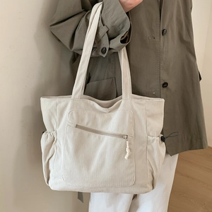Large Capacity Corduroy Tote Bag For Women Retro Casual Shoulder Handbag With Bear Pendant Multiple Pockets Zipper