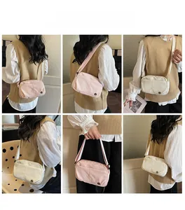 Multi-angle view of lightweight nylon crossbody bag in pink and cream beige colors