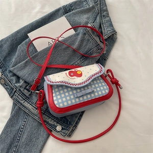 Women Crossbody Small Square Bag PU Leather Patchwork Checkered Polka Dot Bow Decor Cute Sweet Style Girly Daily Wear
