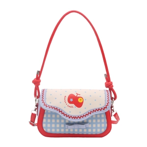 Chic blue gingham saddle bag with red apple motif and polka dot flap for fashion girls