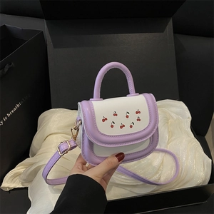 Mini Crossbody Bag PU Leather Cherry Print Handheld Sweet Fashionable Shoulder Bag For Kids Girls Contrast Color