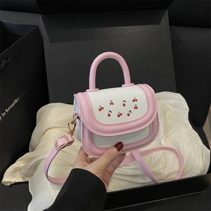 Pink and white mini cherry print handbag with adjustable strap for girls' fashion
