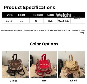 Size specifications and product dimensions for mini floral backpacks in three colors