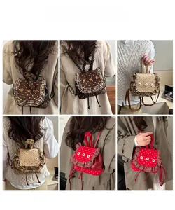 Collage of mini denim floral backpacks with polka dots and ruffled edge details