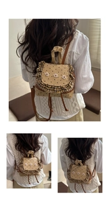 Detail of mini denim patchwork backpack with floral crochet and polka dot canvas
