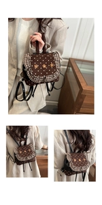 Detailed views of a mini polka dot backpack with floral accents and ruffled edges