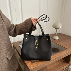 Women Tote Bag PU Leather Large Capacity Solid Color Metal Oval Buckle Fashion Commuter Shoulder Handbag