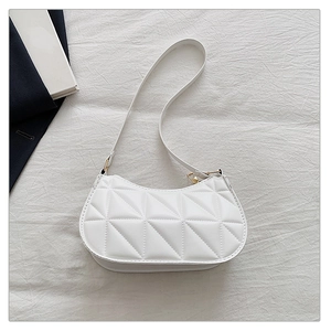 Detailed view of white faux leather bag with geometric stitching and gold zipper hardware