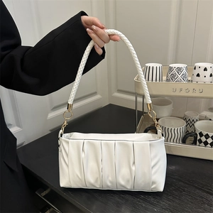 Ruched Shoulder Bag For Women PU Leather Underarm Baguette Bag With Woven Strap Gold Hardware Fashion Simple Elegant