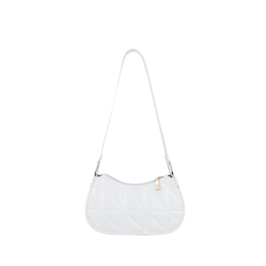 Minimalist white underarm bag featuring geometric embossed texture and gold zipper detail