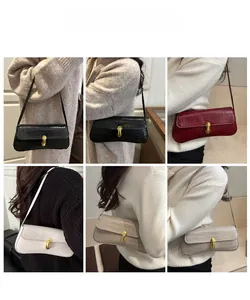 Collage of four textured faux leather shoulder bags with gold U-shaped metal buckle locks