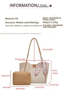 Close-up of PU leather tote bag with polka dot scarf and inner pouch dimensions