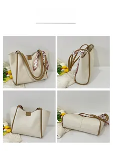 Detailed views of an off-white tote bag with brown handles and polka dot scarf accessory