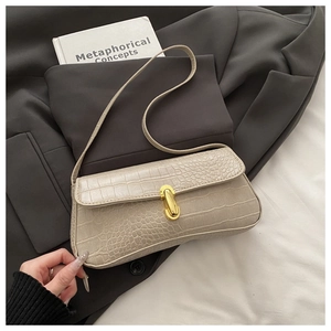 Detail of beige crocodile pattern texture and gold metal buckle on a baguette bag
