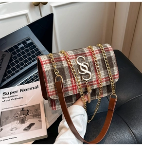 Detailed view of the plaid wool fabric texture and gold S-buckle with tassel fringe