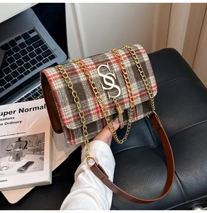 Detail of checkered crossbody bag with golden SS logo, fringe, and chain strap detail